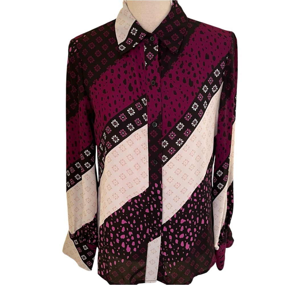Bar III Purple/Black/Cream "Plum Field" Mixed Print Blouse S